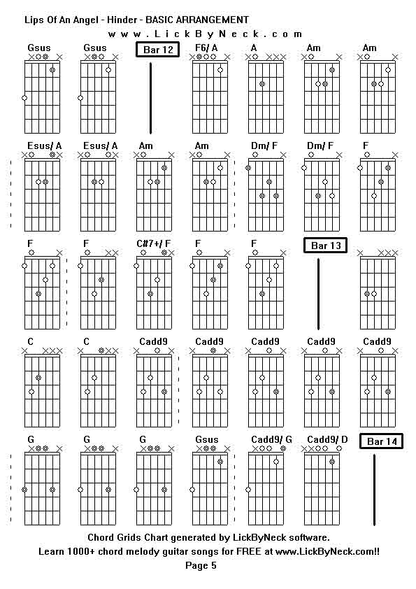 Chord Grids Chart of chord melody fingerstyle guitar song-Lips Of An Angel - Hinder - BASIC ARRANGEMENT,generated by LickByNeck software.